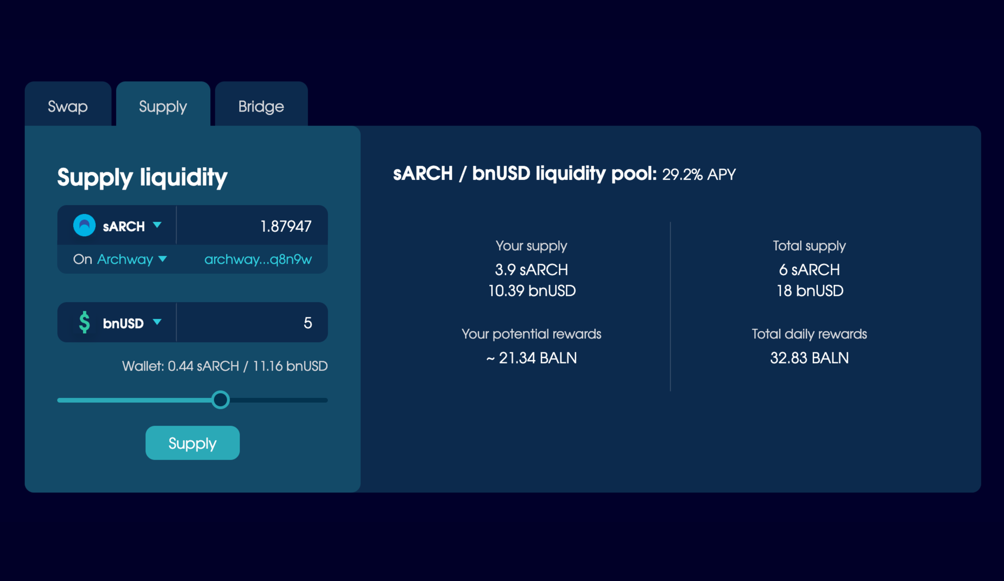 The Supply panel on the Trade page, set to a cross-chain liquidity pool (sARCH from Archway and bnUSD from ICON).