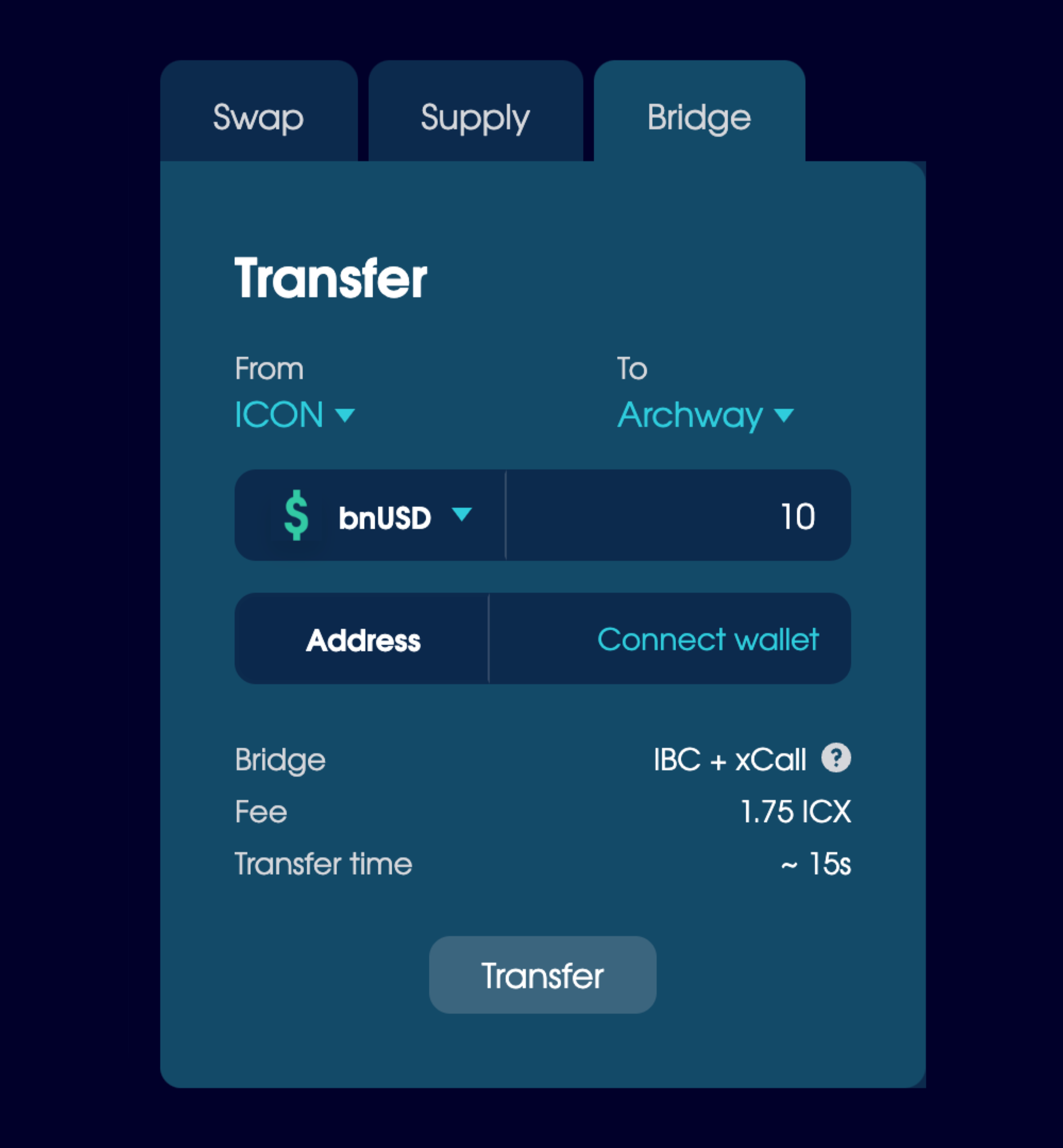 The Bridge panel, set to transfer bnUSD from ICON to Archway.