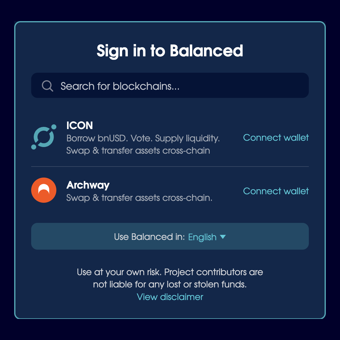 The Balanced sign-in modal, showing the option to connect to ICON and Archway wallets.