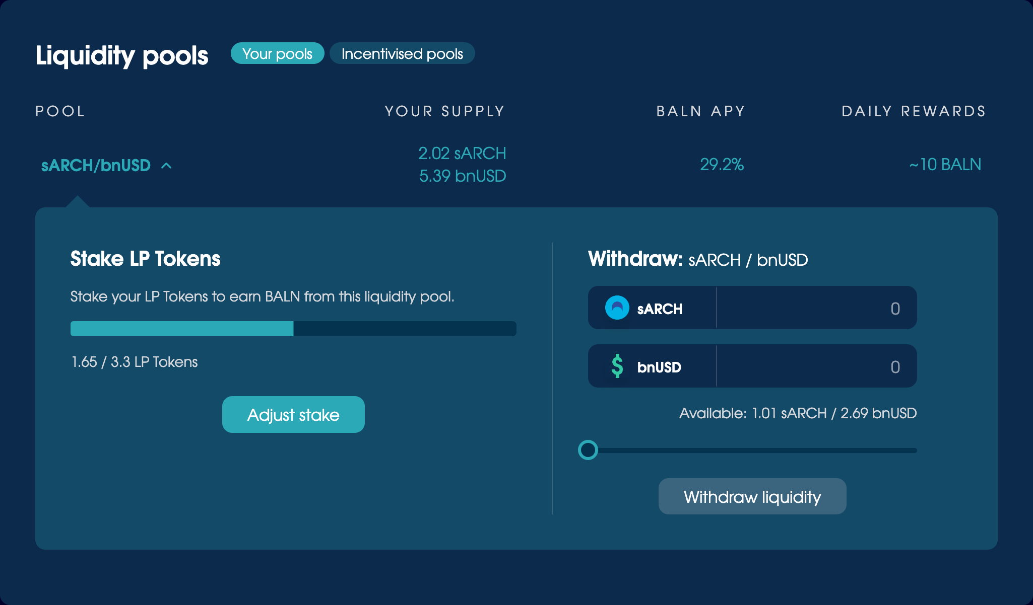 The Liquidity Pools section on the Trade page, with sARCH/bnUSD expanded to expose the LP Token interface.