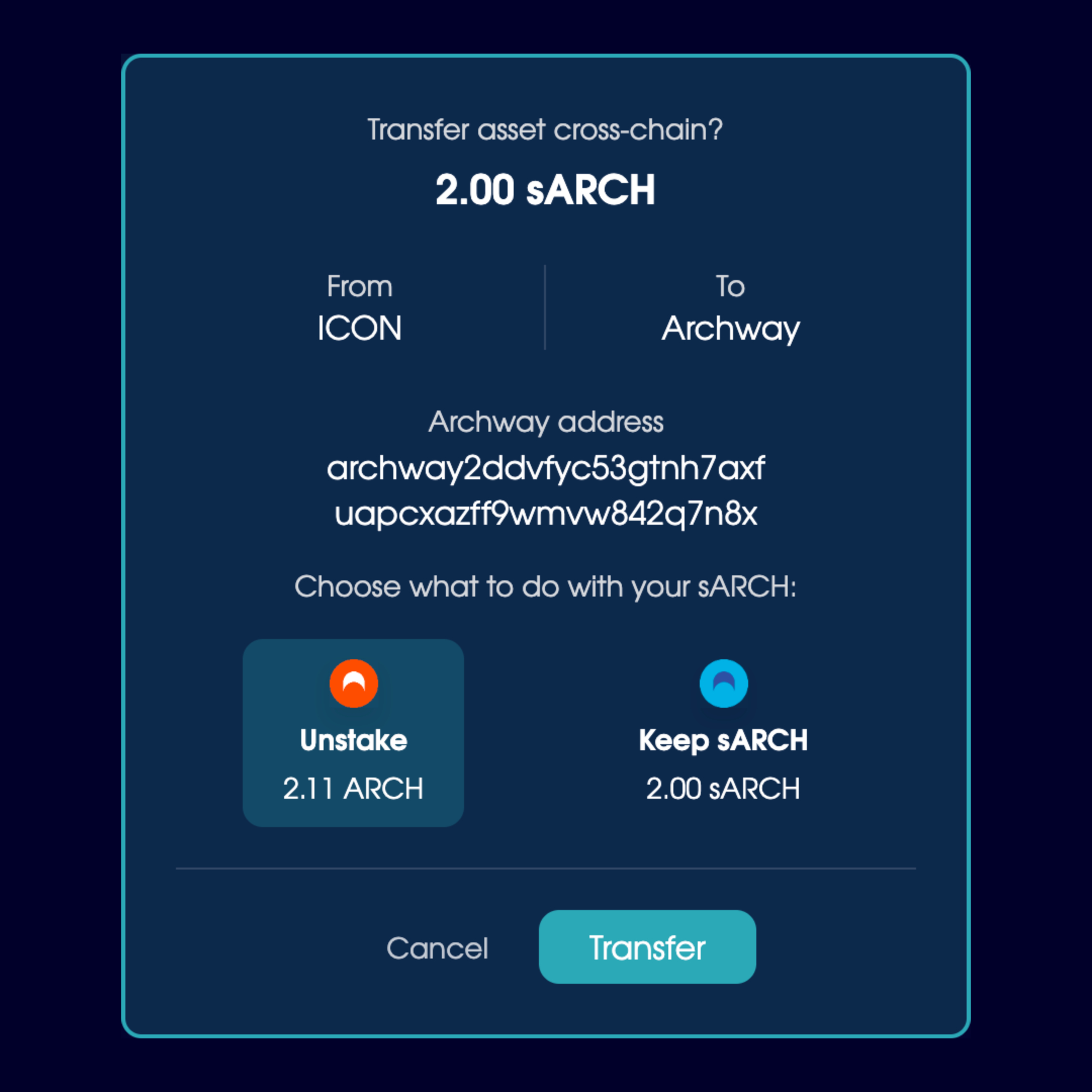 The transfer confirmation modal that appears when transferring sARCH to Archway. The option to unstake it (receive ARCH) is active.