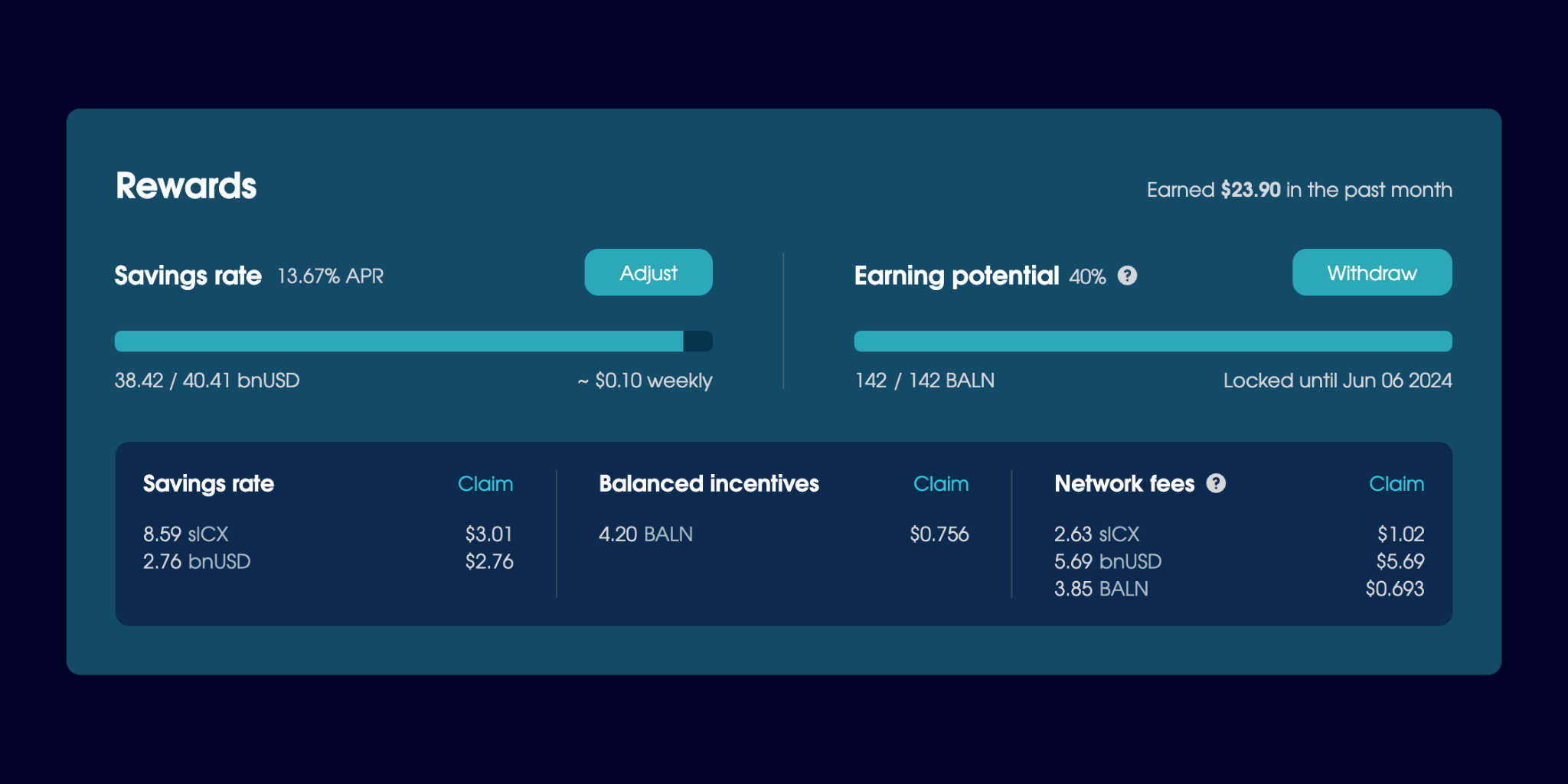 The interface for the Balanced Savings Rate, housed inside the Rewards section on the Home page.